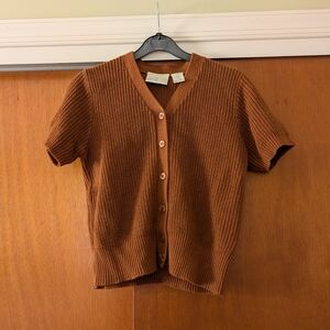 Claiborne Rich Brown Knit Cardigan Short Sleeve Button Down Vintage Top Medium